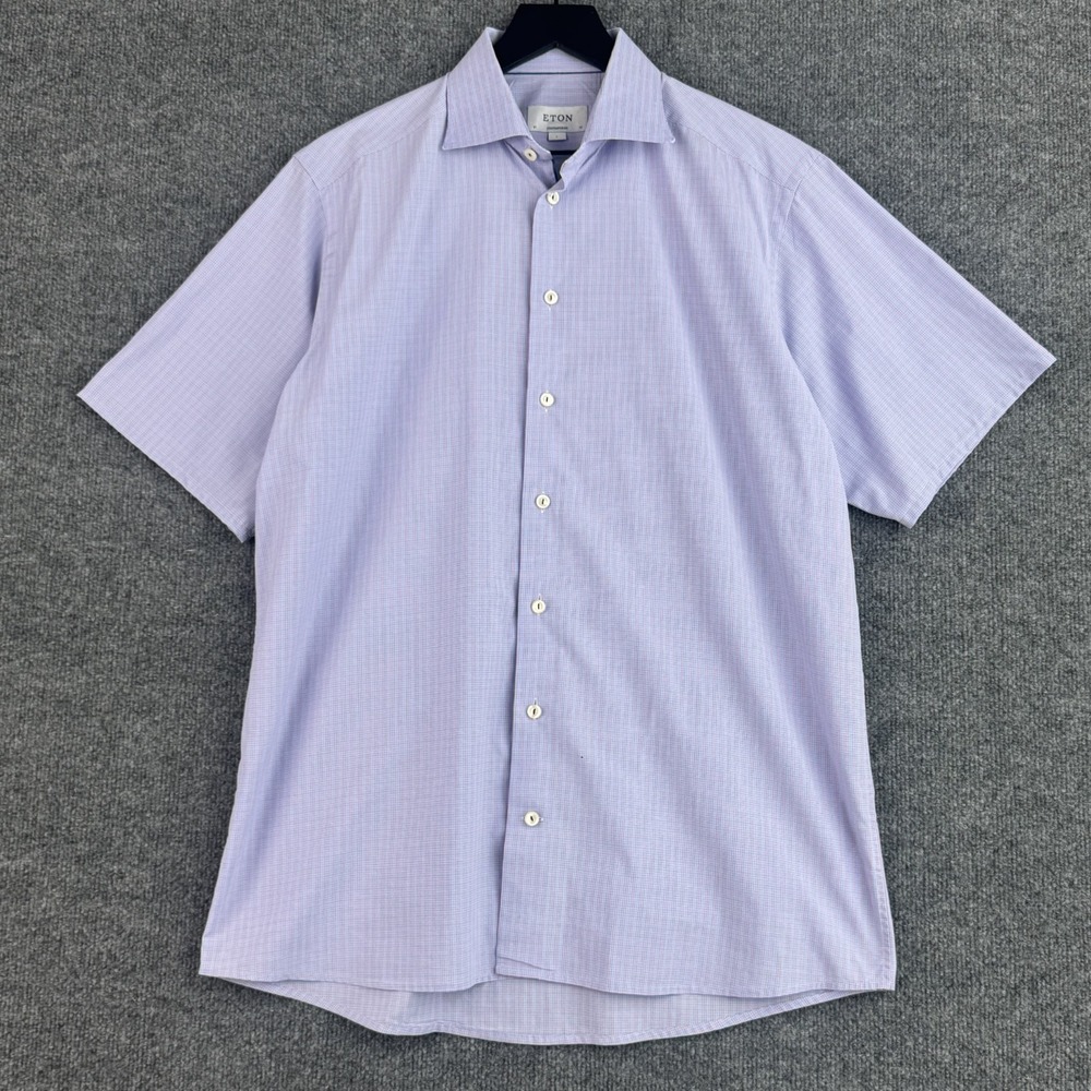 Eton Dress Shirt Mens 16 L Blue Purple Plaid Contemporary Altered Short Sleeve
